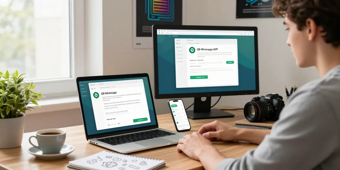 Tech-savvy user downloading gb whatsapp APK in modern home office setting.