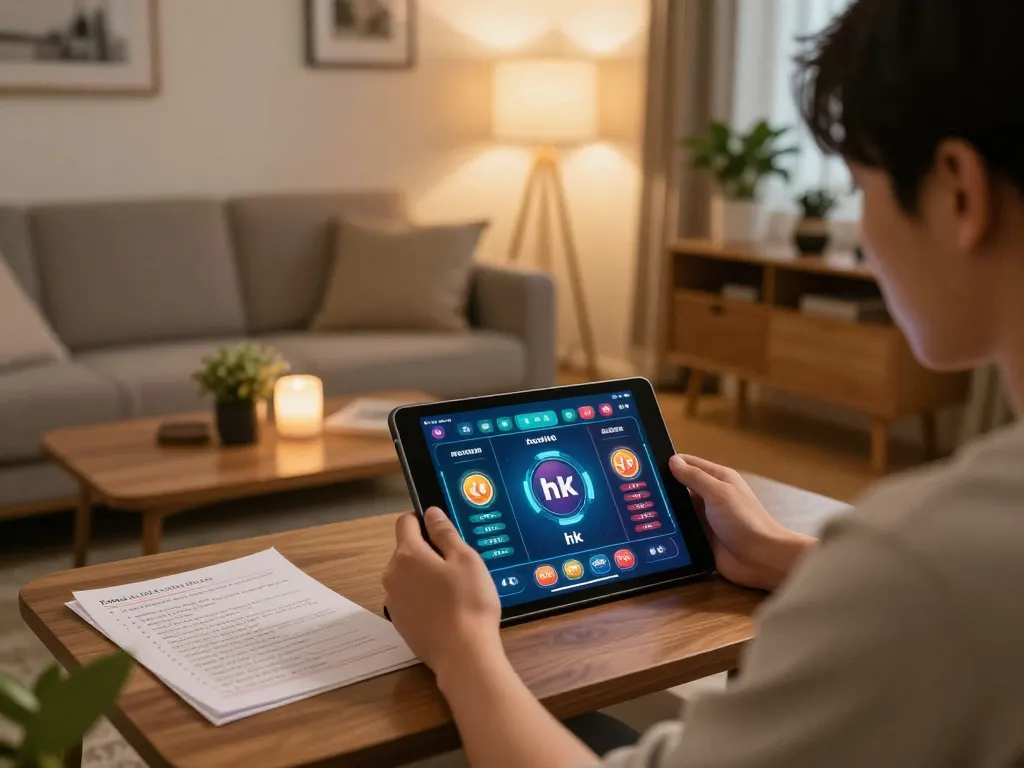 Engaging with result hk on a tablet in a cozy home gaming setup for interactive betting