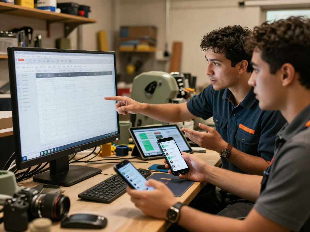 Contractor lead generation in action with a home-service team managing jobs using software in a busy workshop.