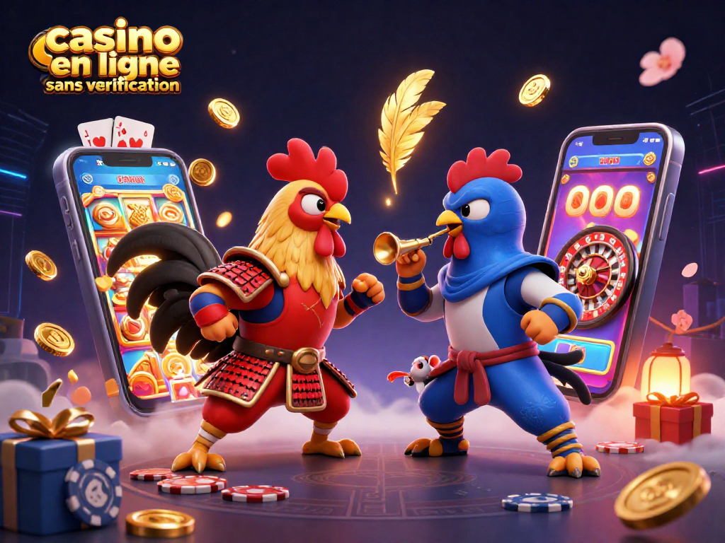 Jouez chez un casino en ligne sans vérification avec des coqs combattants, un smartphone de jeu et des pièces d'or.