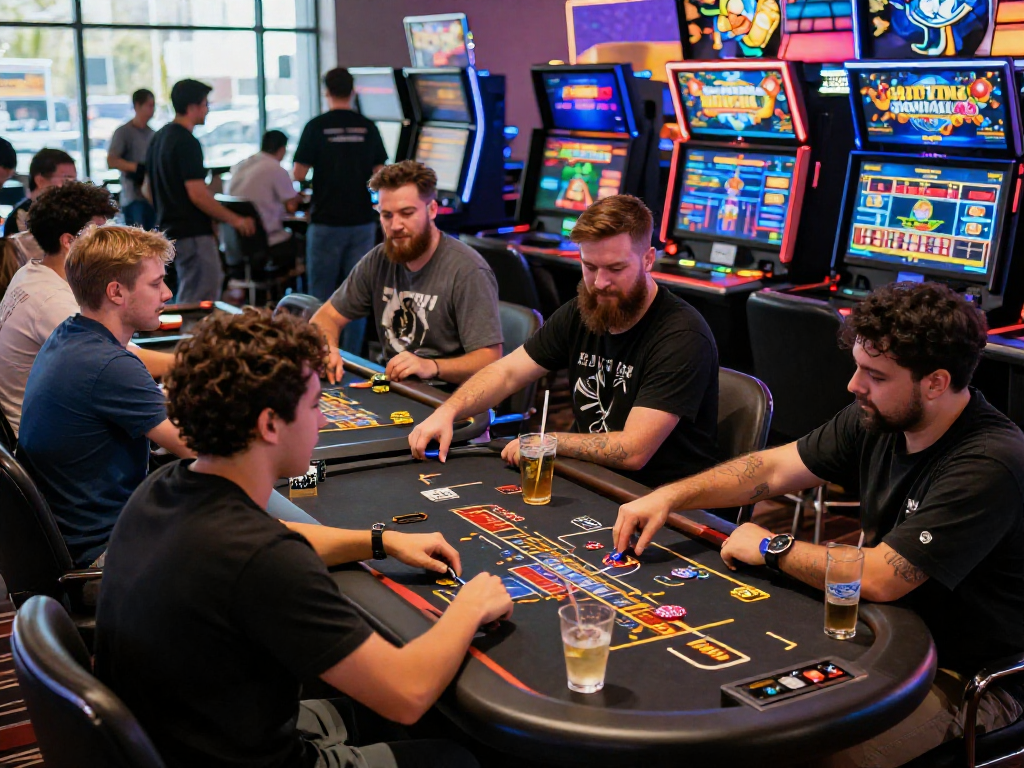 Dynamic players at credit card betting sites engaging in live dealer games, vibrant casino atmosphere.
