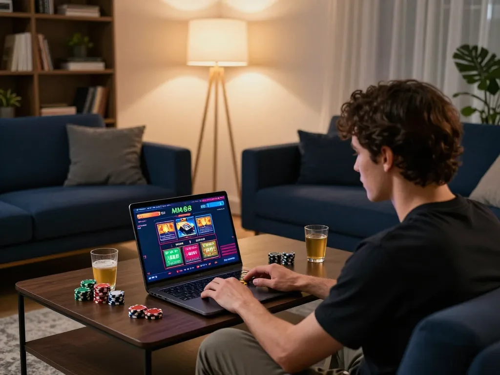 Player engaging with MM 88 online casino on a laptop in a cozy home setting.