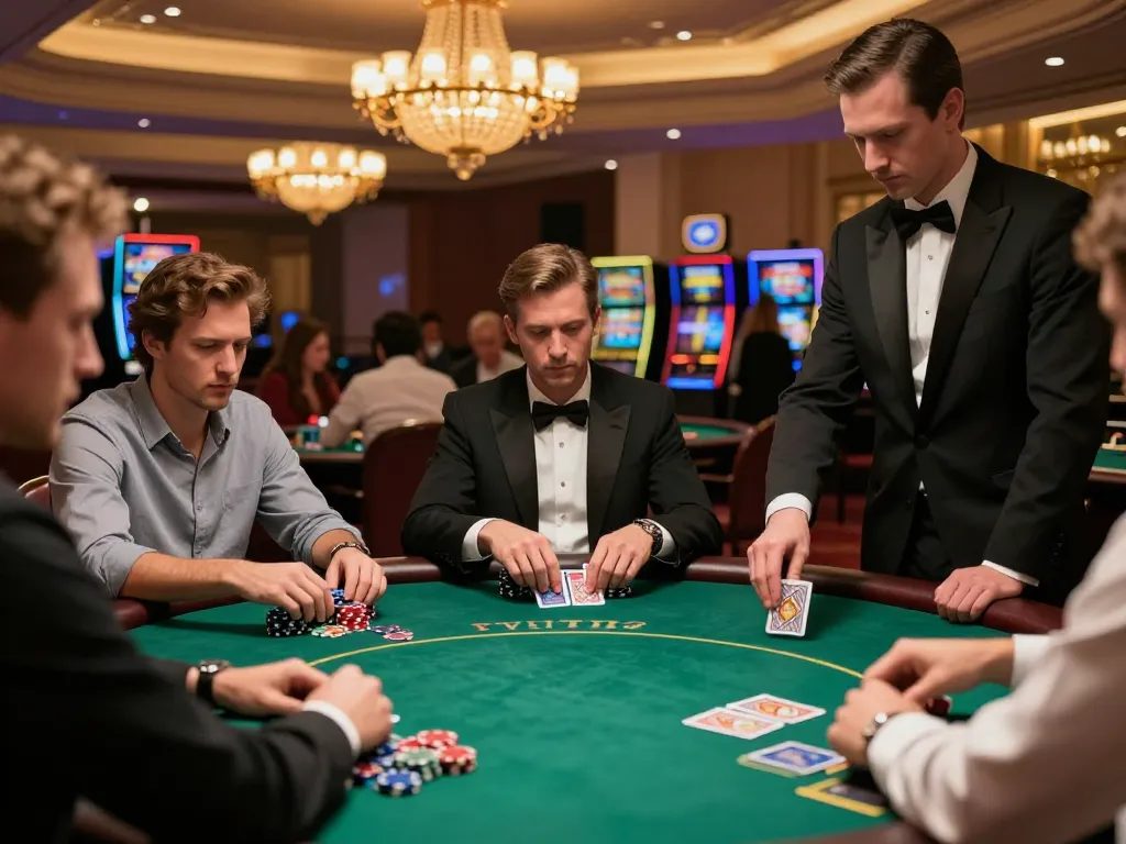 Pemain fokus pada permainan poker strategis di kasino Alexis500, dengan chip berwarna-warni dan meja felt hijau.