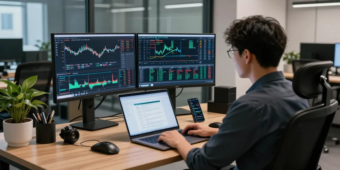 Trader analyzing the MetaTrader 5 platform in a modern workspace with multiple screens.