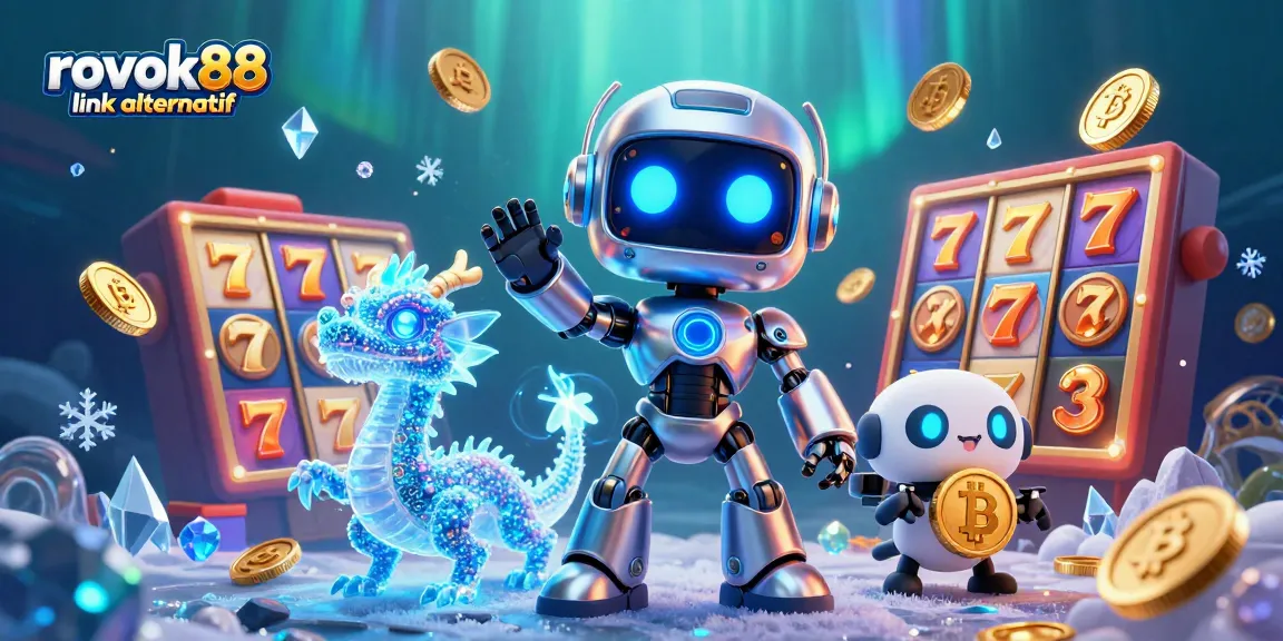 Engage with ROKOK88 link alternatif featuring vibrant slot machines and crypto elements in a dynamic 3D scene.