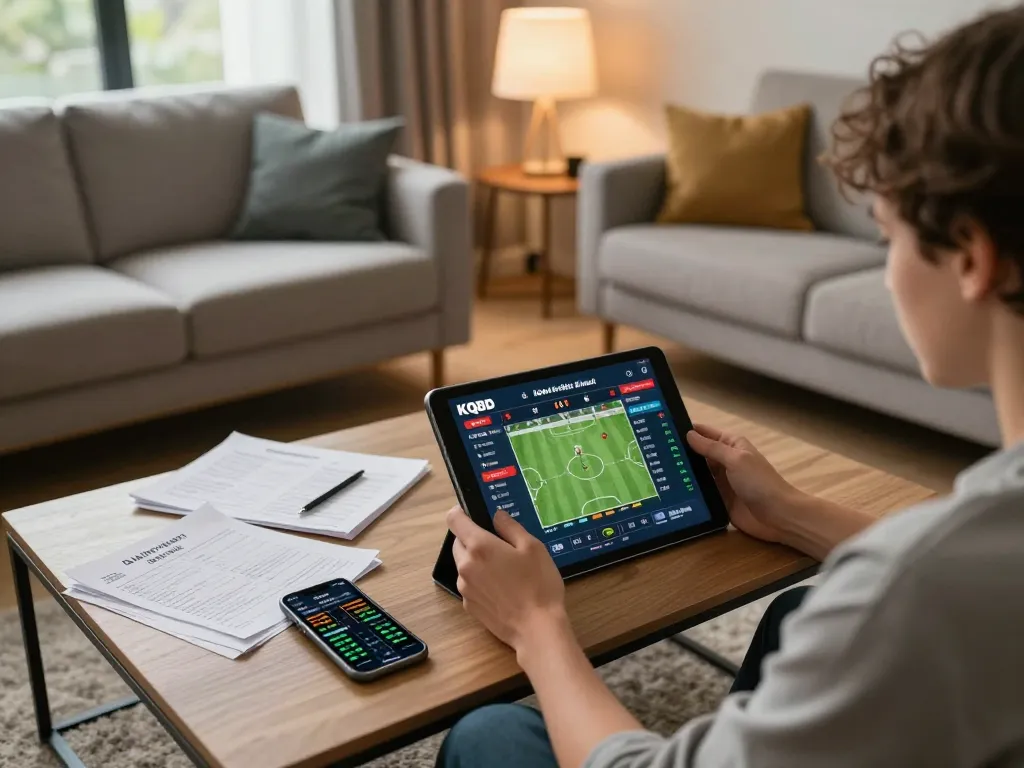 KQBD interface displayed on tablet during online sports betting session at home with strategy notes.