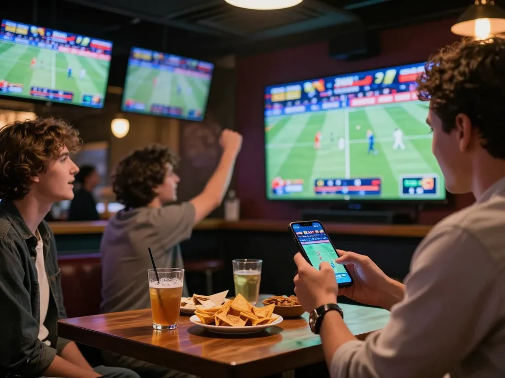 Engaged sports bettor using 3WIN app for live betting while watching a game at a lively sports bar.