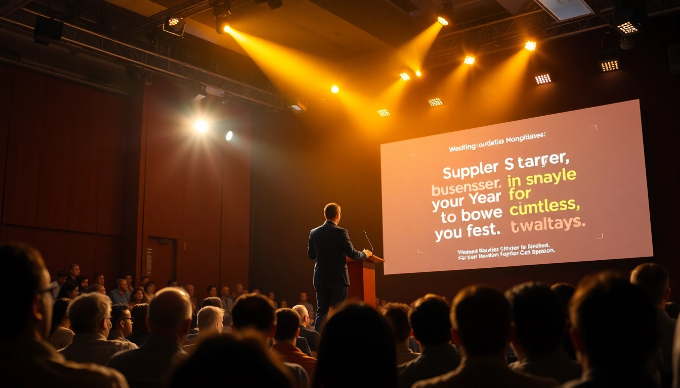 Motivational Speaker inspiring an audience during a dynamic presentation.