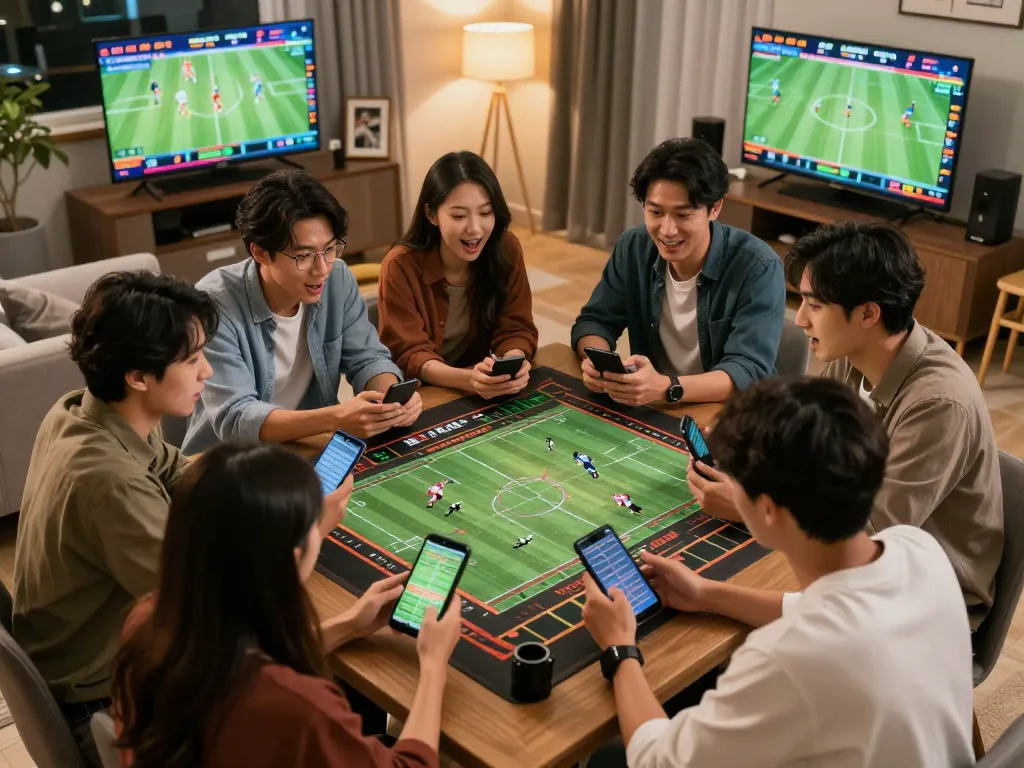 Friends engaging in live sports betting with keobongda app, analyzing odds and discussing strategies.