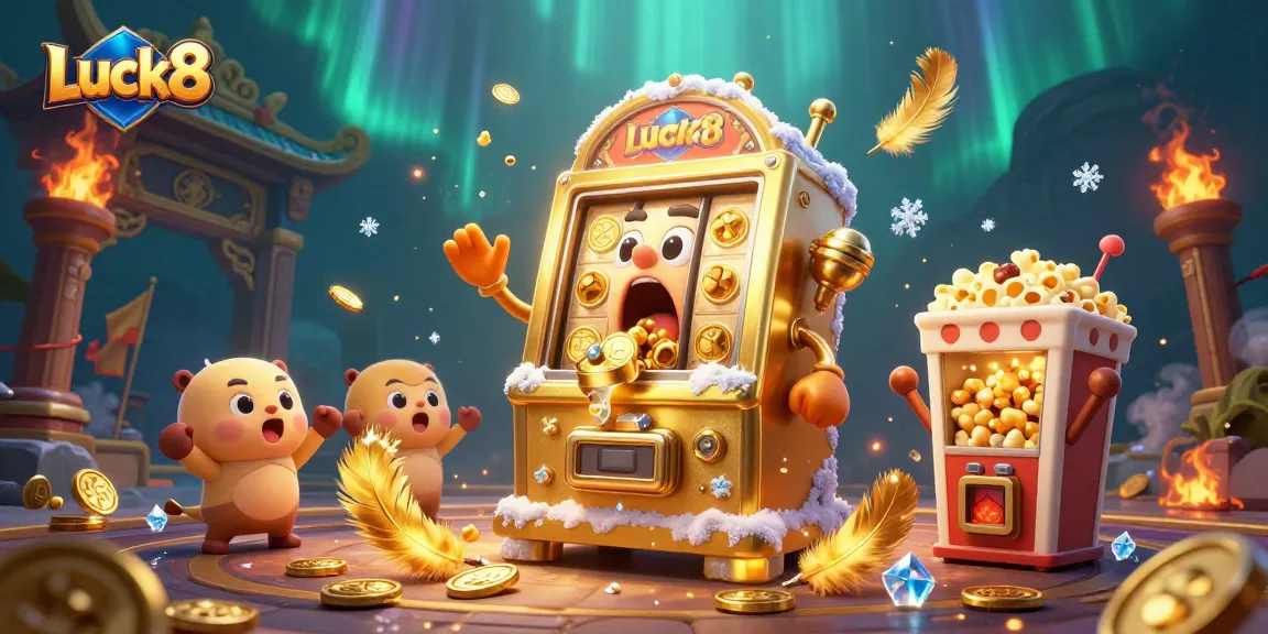 Luck8 slot machine celebrates a jackpot, surrounded by cheering mini slots and coins, creating an exciting casino atmosphere.