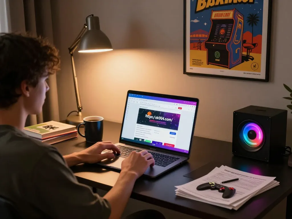 Engaging online gaming at https://ok904.com/ with a laptop and coffee, showcasing a cozy atmosphere.