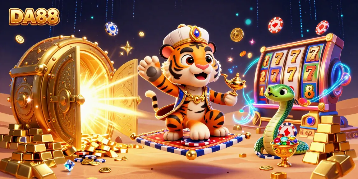 Experience DA88 in a vibrant casino scene with a tiger sultan, mesmerizing treasures, and dynamic gambling elements.