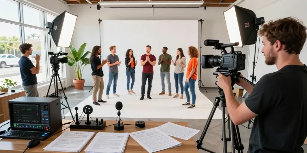 Behind the scenes at a video production company Long Beach, California, showcasing vibrant filming with diverse actors and professional equipment.