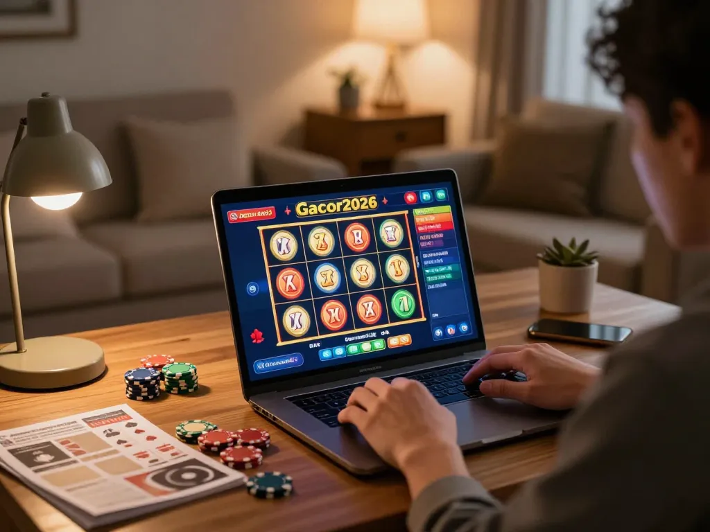 Engaging with slot-gacor2026 online slots on a laptop in a cozy home gaming setup