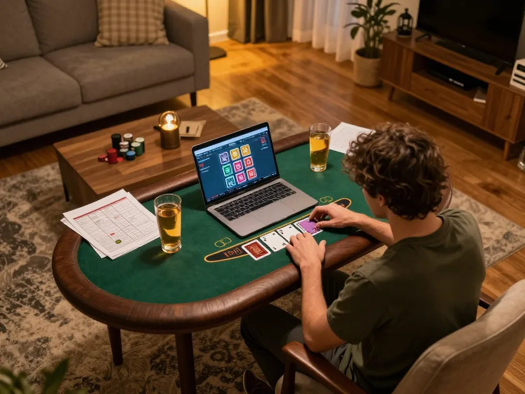 Person engaged in online blackjack gameplay on laptop, showcasing nhacaiuytinn responsible gambling practices.