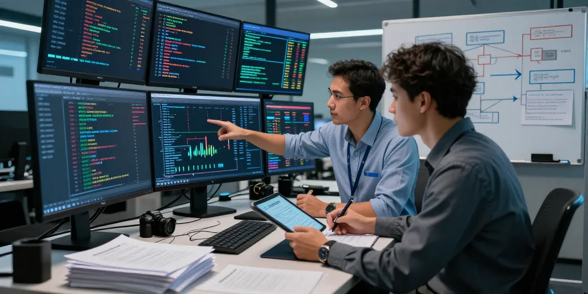 Experts strategizing to recover stolen cryptocurrency in a high-tech office with blockchain data.