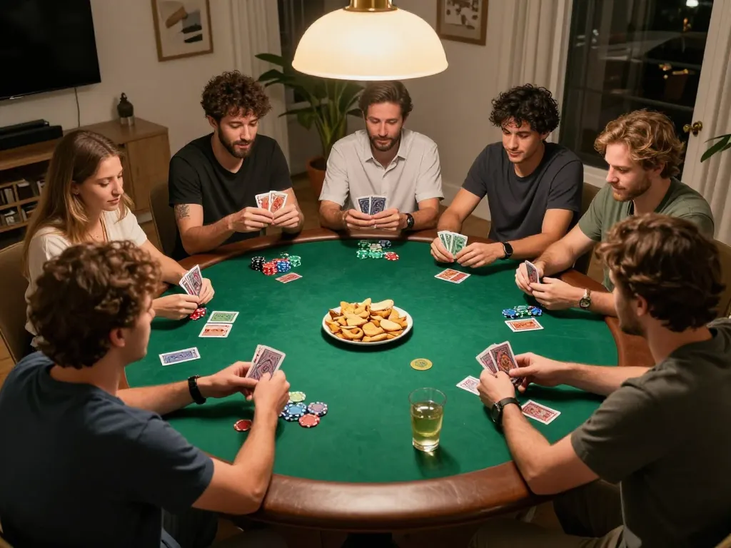 Daga players strategizing during a friendly home poker night, engaging in excitement and camaraderie.