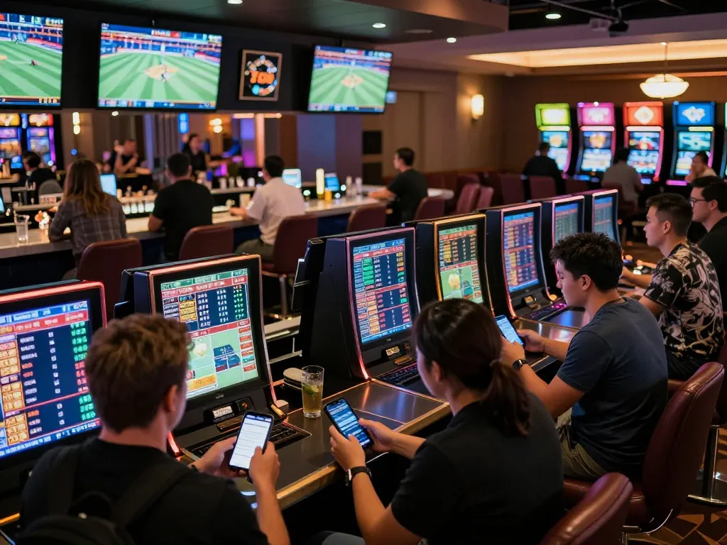 Engaged patrons enjoying sports betting at tylekeonhacai88 with lively screens displaying odds