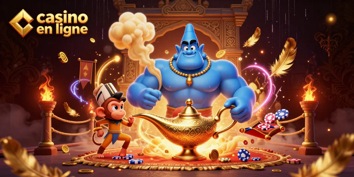 Illustration dynamique de casino en ligne avec un génie bleu, un singe, et un tapis magique, créant des jeux passionnants.