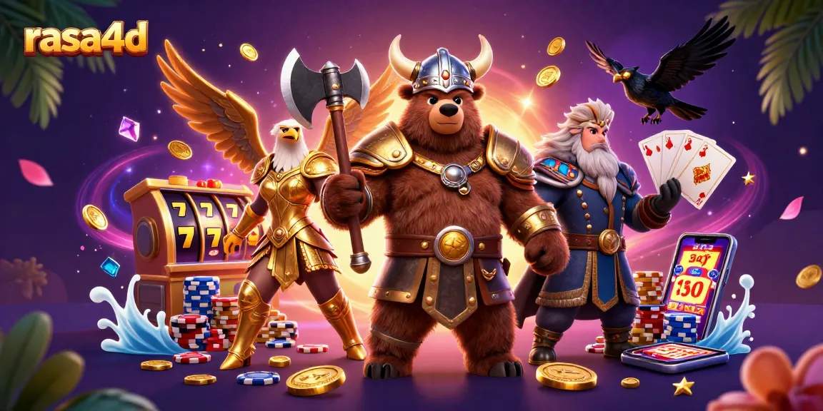 Rasa4d menghadirkan ilustrasi kasino dengan beruang Viking, elang Valkyrie, dan elemen slot yang menarik.