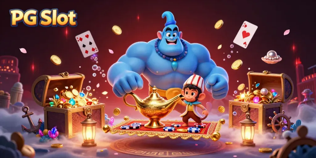 Mengguncang permainan PG Slot dengan lampu genie yang hadir di atas permadani terbang yang berhiaskan chip poker dan harta karun.