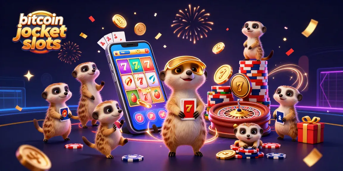 Spin vibrant bitcoin jackpot slots with playful meerkats in a colorful casino scene.