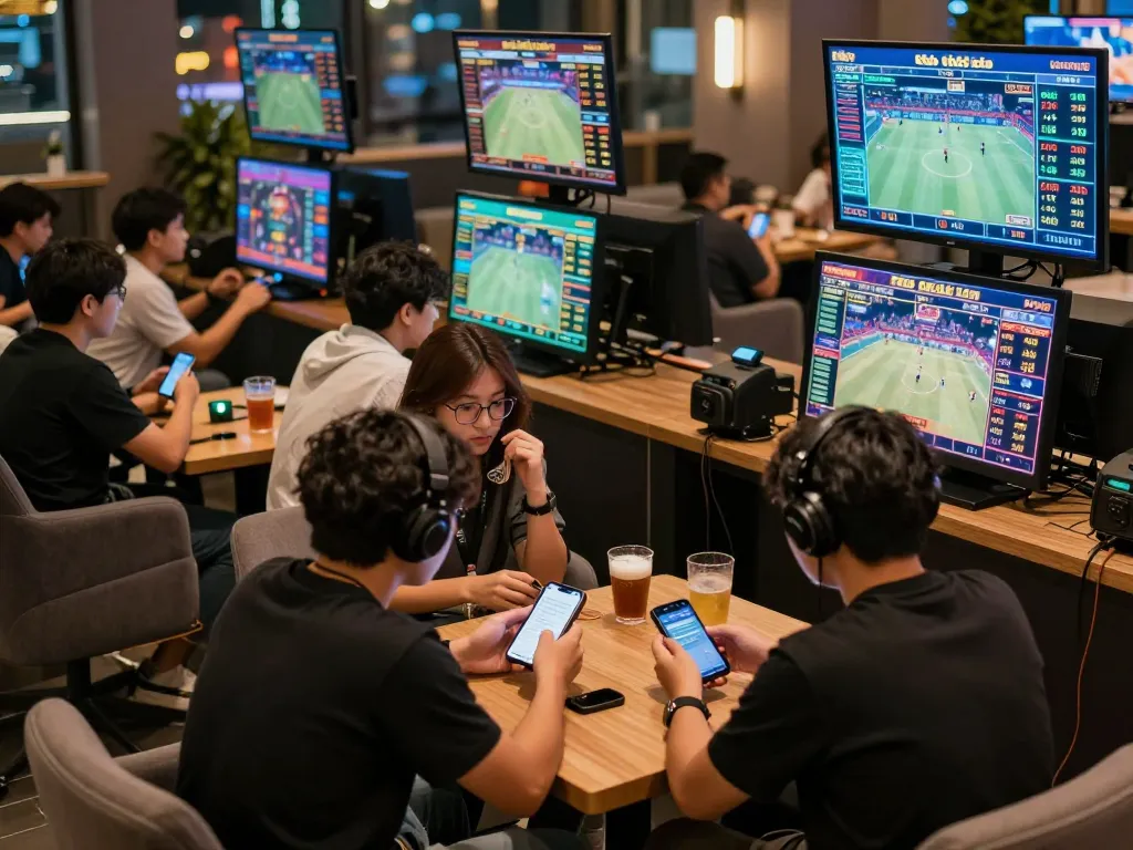 Kèo nhà cái sports betting scene with fans interacting and placing bets in a lively lounge.