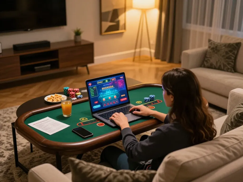 Open88 player engaging with live dealer blackjack in a comfortable home atmosphere, showcasing an appealing online gaming setup.