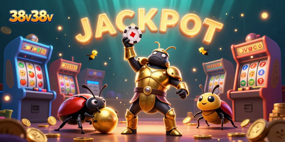 38v38v celebrando a vitória em uma ilustração vibrante de cassino, simbolizando jackpot e sorte.