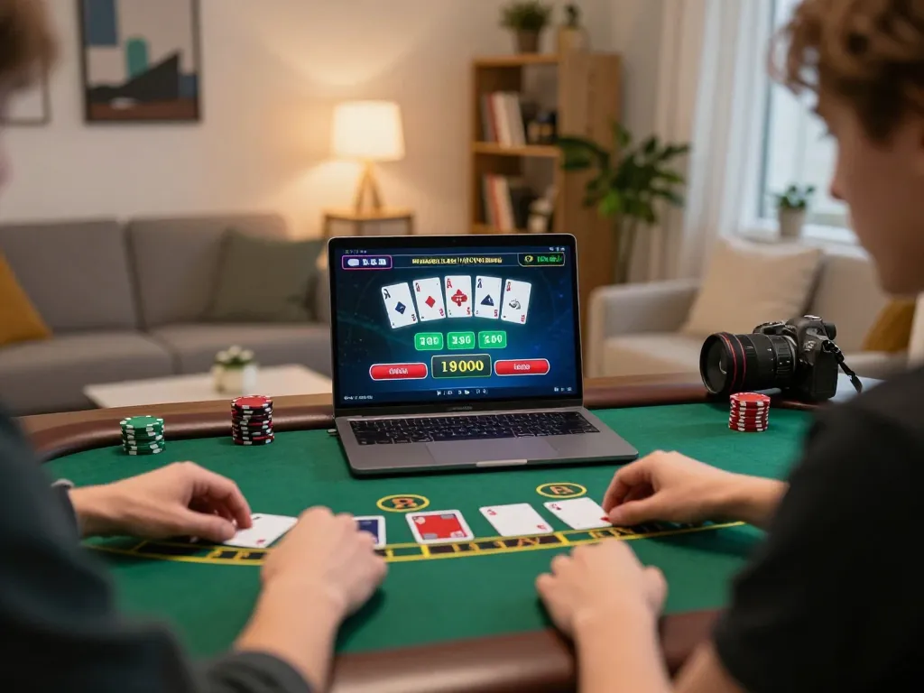 mm88 player enjoying online blackjack in cozy home setting with laptop display showcasing gameplay