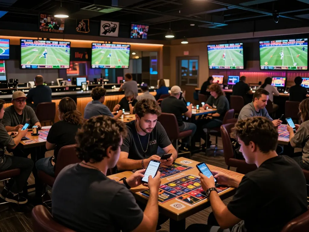 Sports enthusiasts engaged in live betting at nhandinhkeonhacai lounge amidst exciting atmosphere