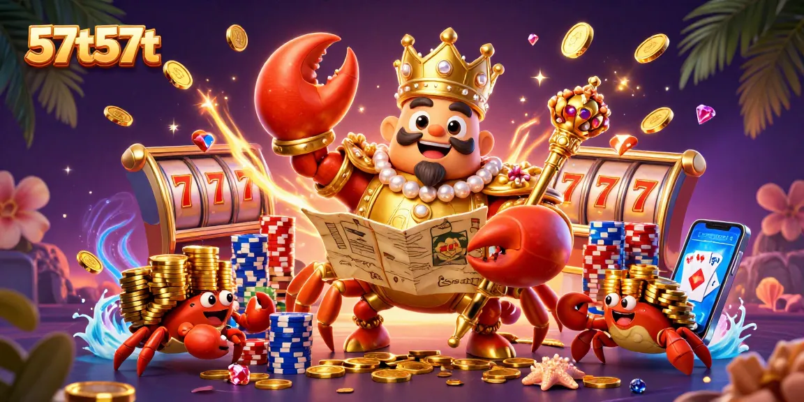 Engage with the 57t57t gaming scene featuring a gold crab emperor surrounded by treasure.