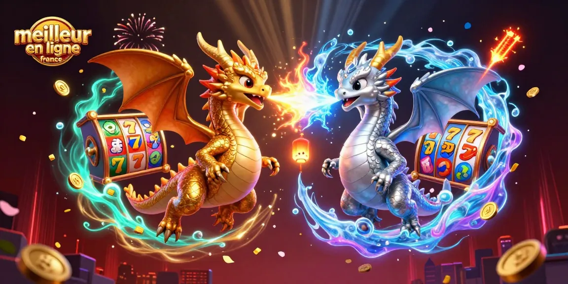 Illustration dynamique avec dragon en vol, symbolisant le meilleur casino en ligne France avec des éléments de jeux.
