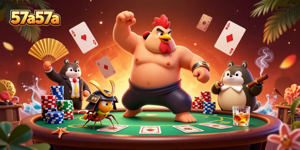 Experience thrilling poker action with 57a57a's lively characters in a vibrant casino scene.