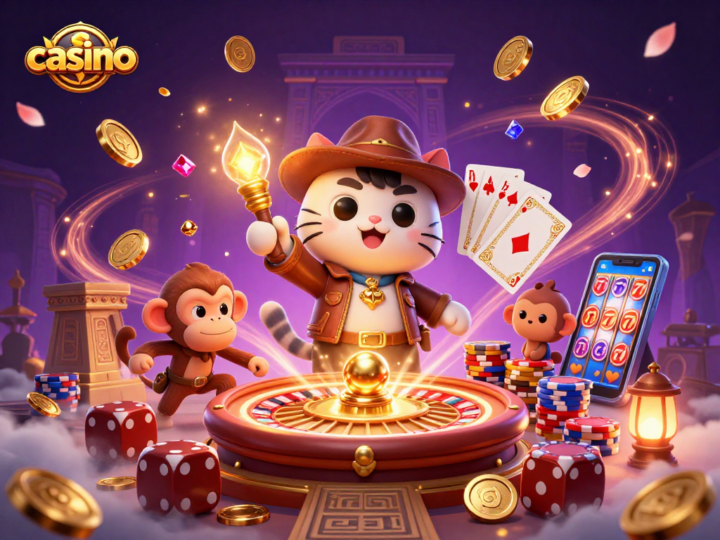 Engage in thrilling casino adventures with a cartoon archaeologist cat uncovering treasures.