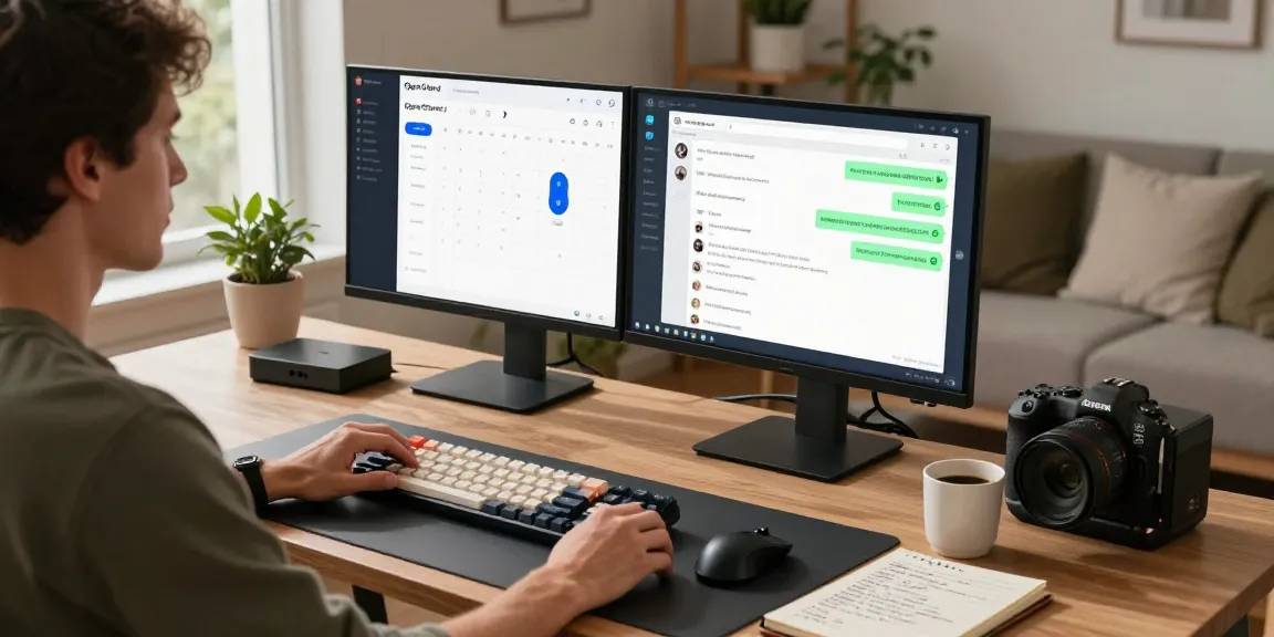 Setting up the clawbot personal AI assistant in a modern home office, featuring dual monitors and a cozy workspace.