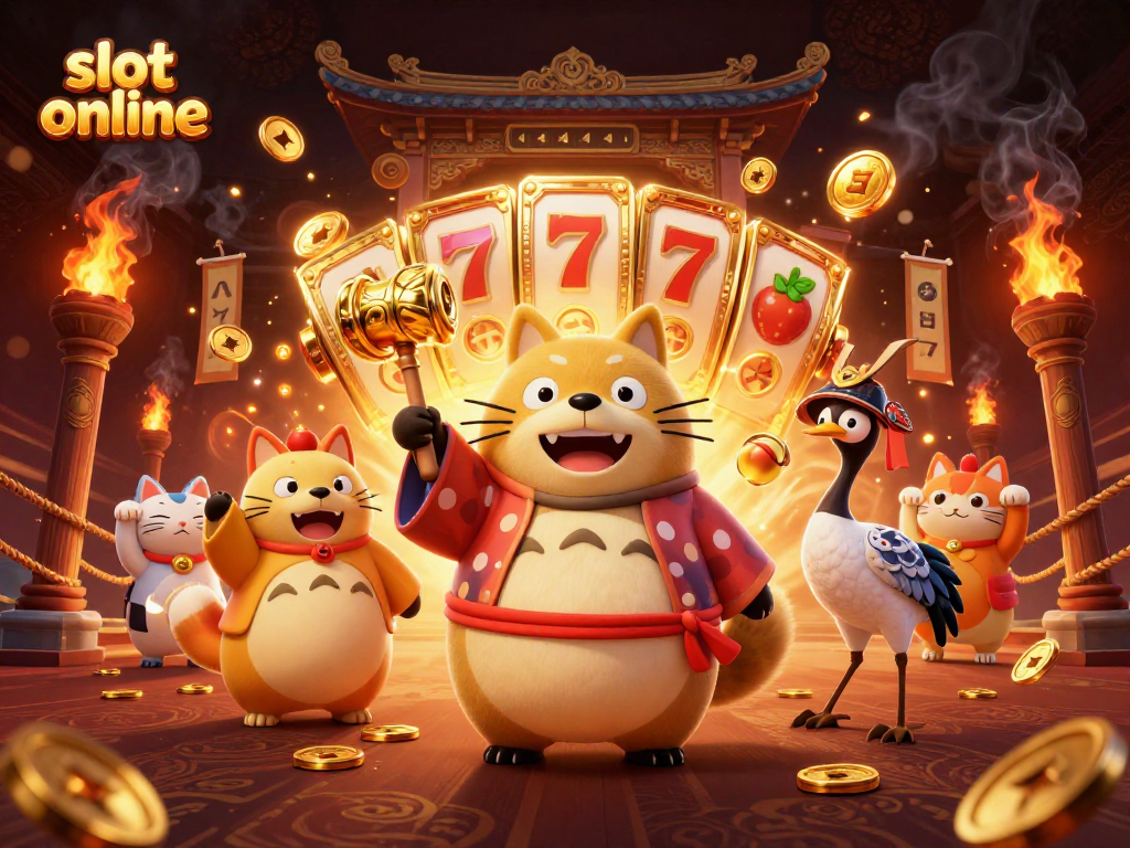 Bermain slot online dengan tanuki, crane, dan kucing keberuntungan di latar belakang yang meriah