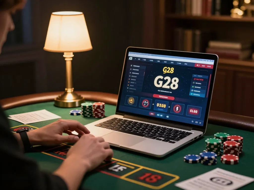 Engaging online betting experience at G28 with laptops and casino chips.