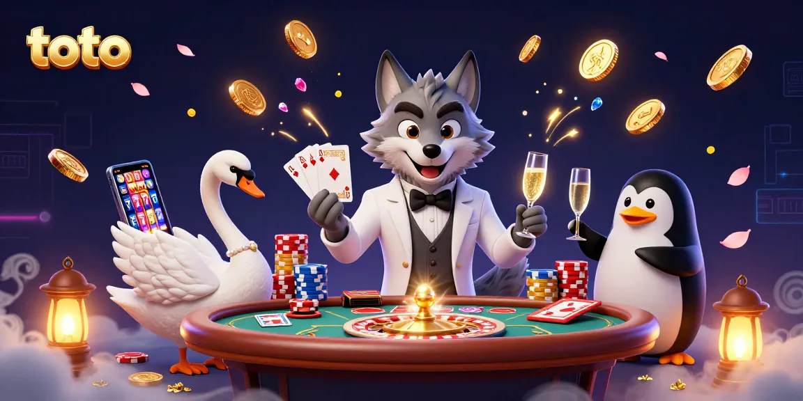 Experience thrilling toto gameplay with a debonair wolf, elegant swan, and sophisticated penguin at a vibrant casino scene.