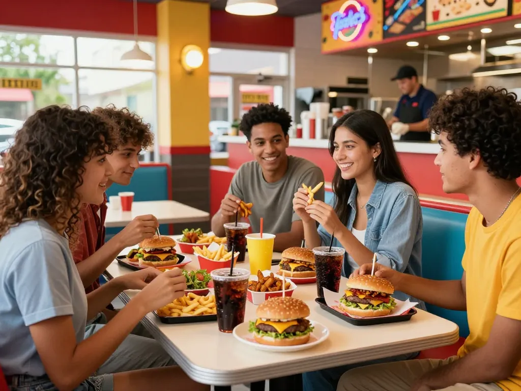 Enjoying a vibrant fast food menu with friends, featuring burgers and fries in a lively restaurant setting.