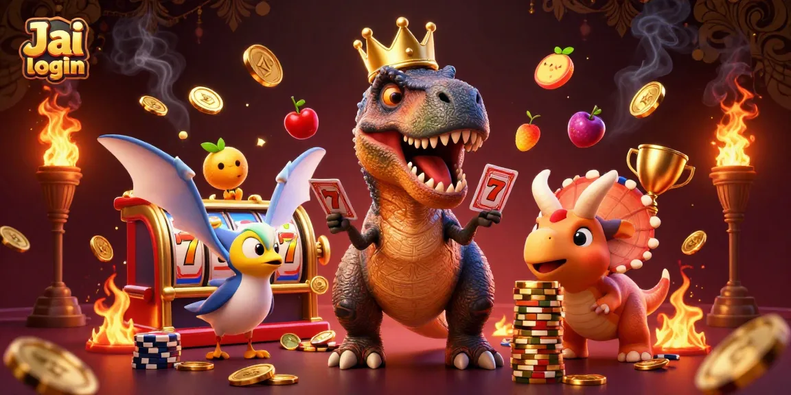 Engage with the thrilling Jai club login experience through a fun, vibrant casino scene featuring cartoon dinosaurs and slot game elements.