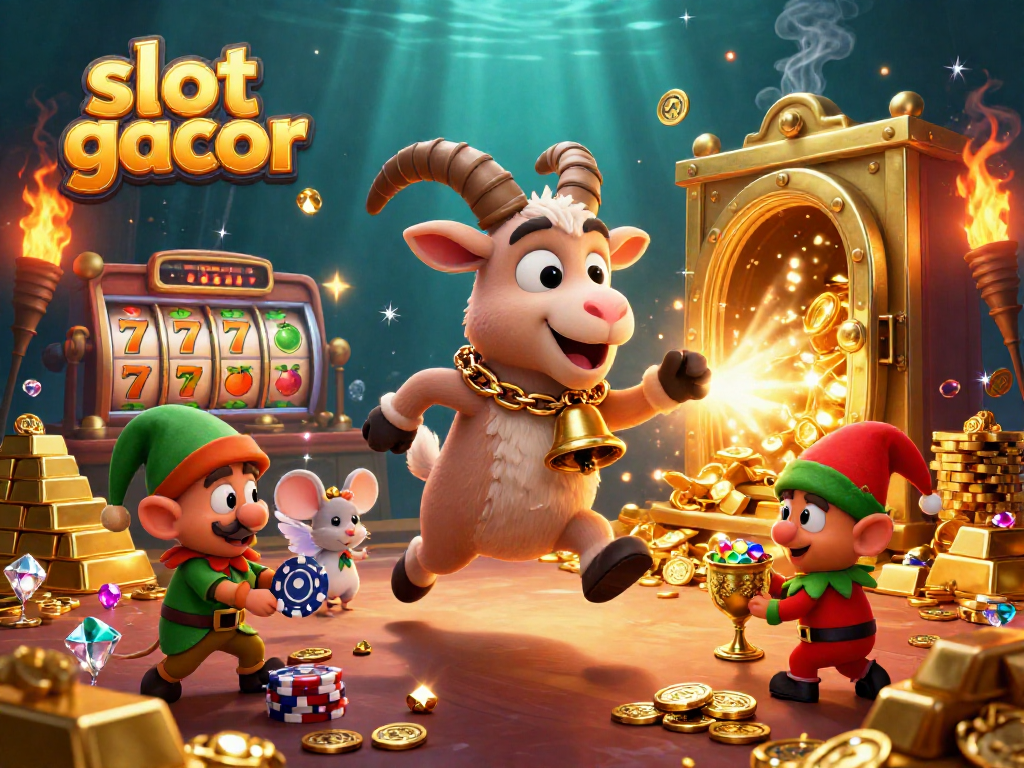 Experience thrilling slot gacor gameplay in a vibrant casino scene with unique characters and dazzling treasures.