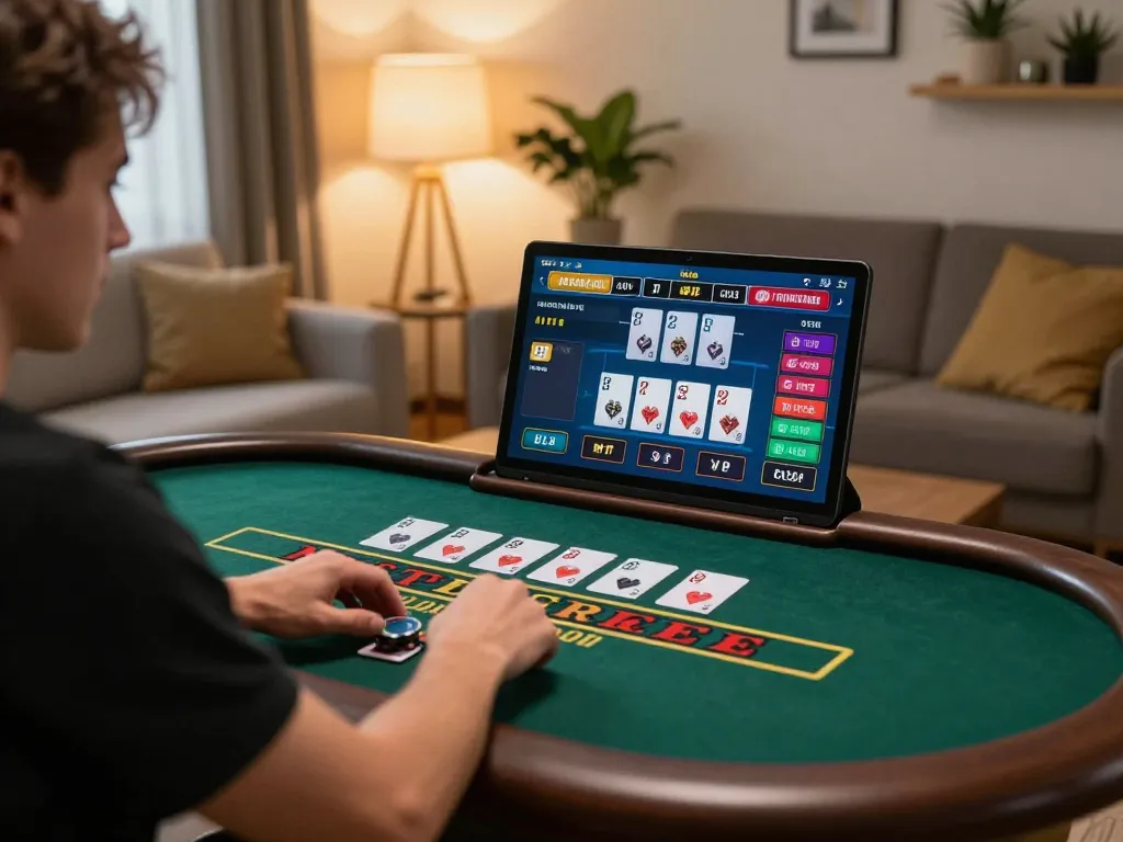 Engaging in responsible online gaming at home with 68gamebaivn, showcasing live dealer action and cozy atmosphere.
