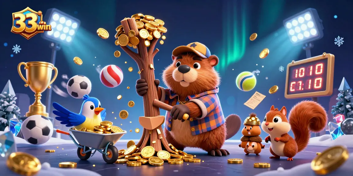 Win big at 33win as the cartoon beaver collects golden coins amidst vibrant casino elements!