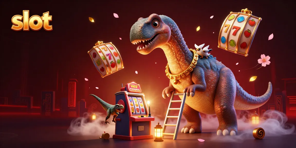 Slot menakjubkan dengan brontosaurus dan simbol slot berwarna-warni di kasino.