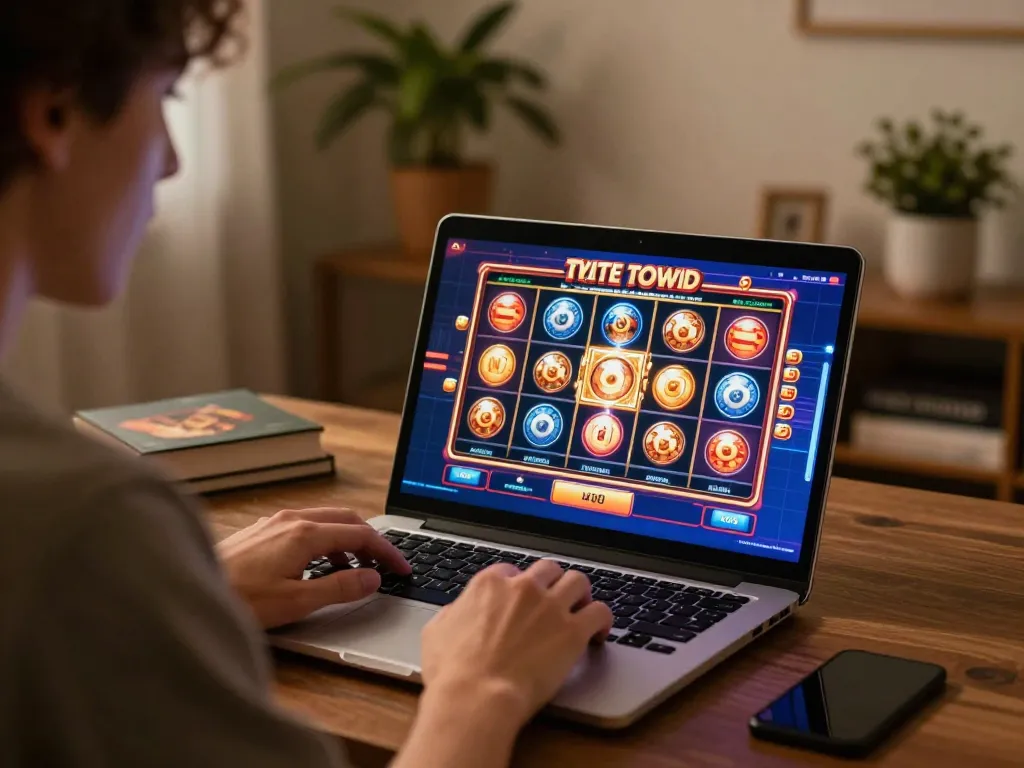 Permainan menarik di kasino online bintangmpo, menampilkan antarmuka slot yang berwarna-warni di laptop.