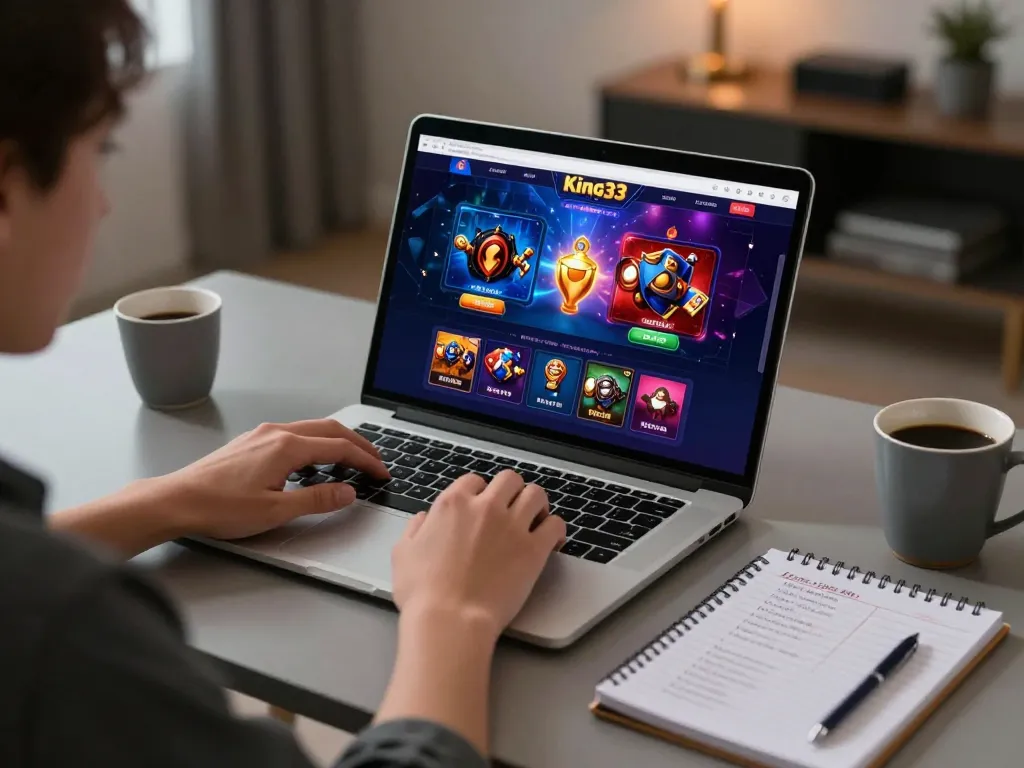 Engaging player exploring King33 online casino interface on laptop with betting strategies at hand.
