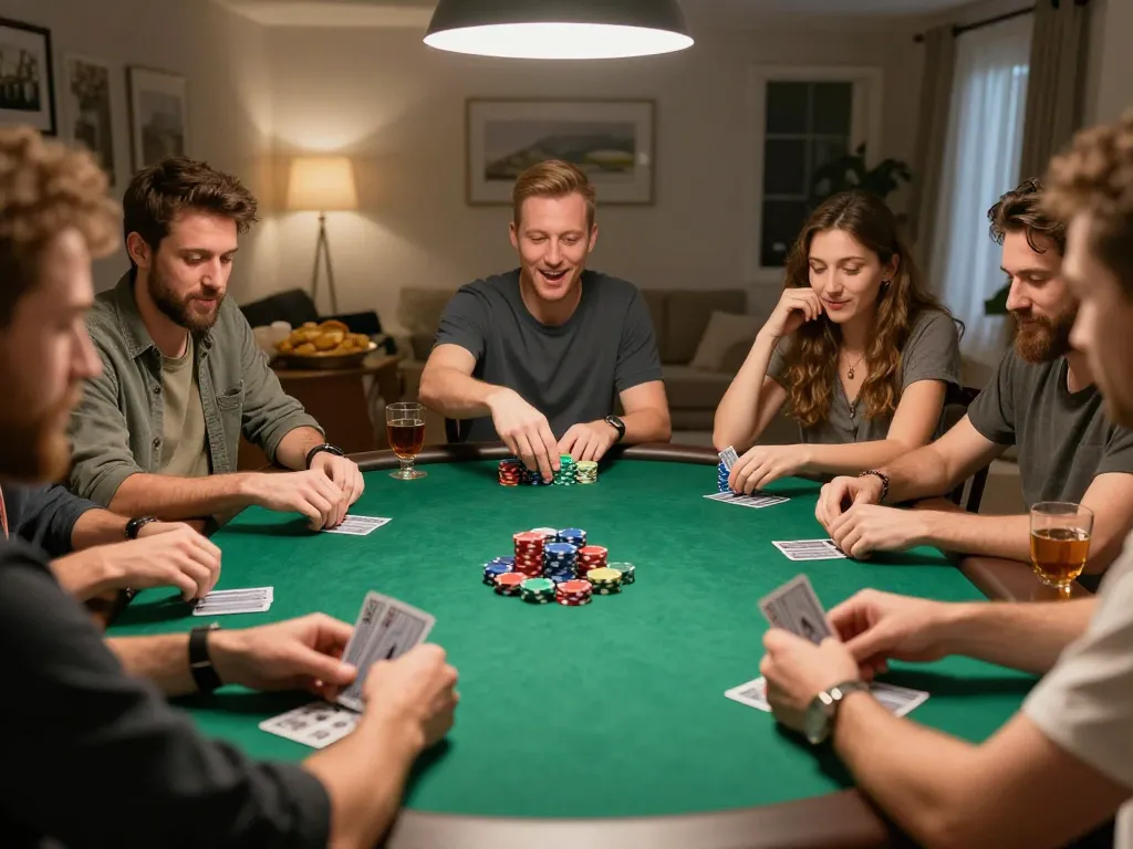 Engaged players at home poker night strategizing over giường bệnh nhân themed game.