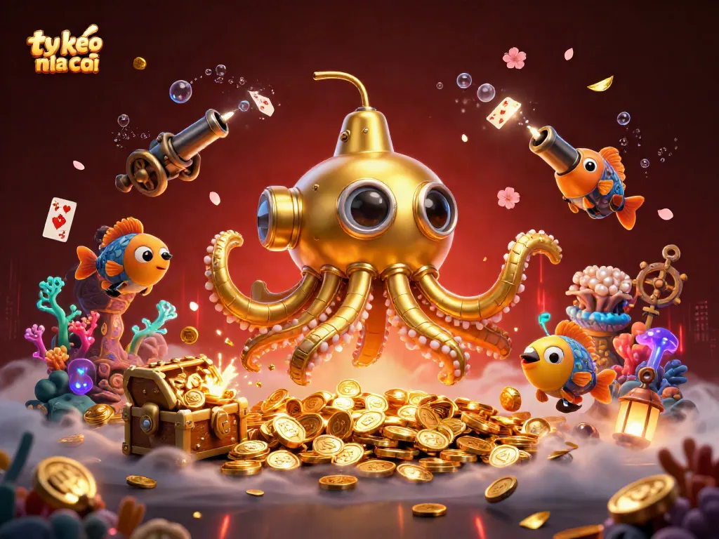 Engage with ty le keo nha cai through dynamic 3D casino gaming elements featuring a golden kraken and gold coins.