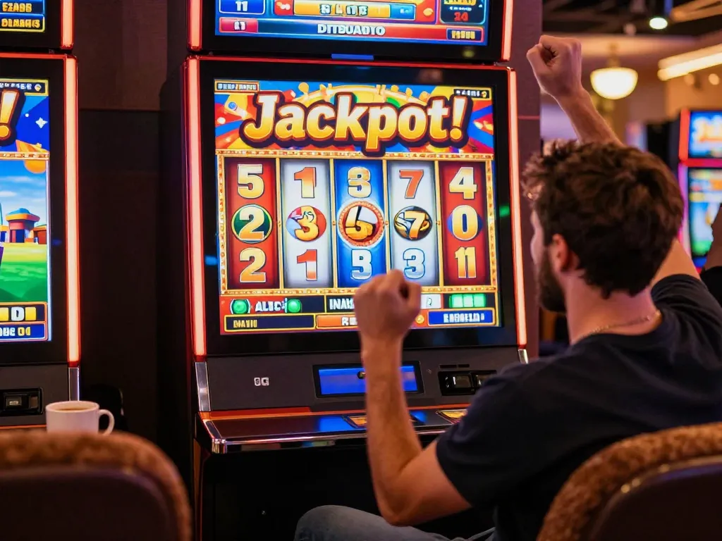 Player celebrating a big win on the gtatogel slot machine in a cozy home setting.